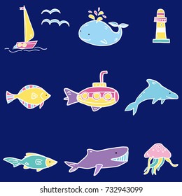 Hand drawn vector set with fish and undersea world - contour line, color art style drawing - for print, card, textile, comic, poster, coloring page.