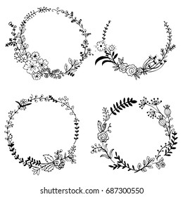 Hand drawn vector set of floral wreaths