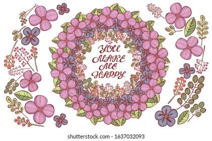 Hand drawn vector set with flowers, leaves, herbs and berries. Designer wreath of flowers, compositions, lettering, typography, frame. Vector illustration