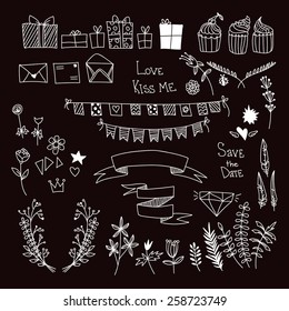 Hand drawn vector set with  flowers, ribbons, cupcakes, gift boxes.  Floral elements for wedding invitation