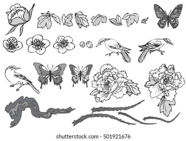 Hand drawn vector set with flowers, birds and butterflies, potassium and cherry blossoms for background.