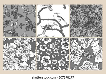Hand drawn vector set with flowers, birds and butterflies, potassium and cherry blossoms for background seamless.