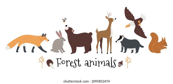 Hand drawn vector set with forest and woodland animals