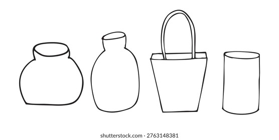  A hand drawn vector set of four vases. The vases vary in shape and size, including a round vase, a bottle-shaped vase, a square vase with a handle, and a cylindrical vase.