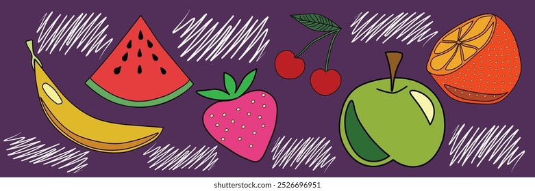 
Hand drawn vector set of fruits and berries. Watermelon, strawberry, cherry, apple, banana. Doodle with marker.