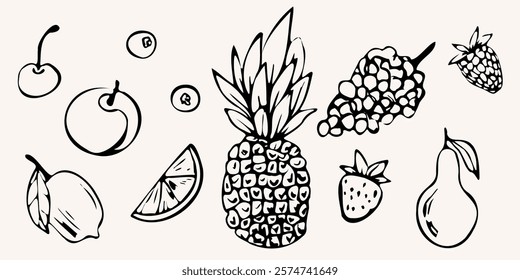 Hand drawn vector set with fruits. pineapple, lemon, pear, cherry and grapes in whimsical line art style. Monochrome illustration for menu, design prints, packaging, posters, and invitations