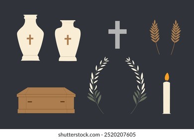 Hand drawn vector set for Funeral service. Illustration for design with funeral attributes, flowers, leafs, branches, coffin, urn for ashes and cremation, cross, candle. Symbols of condolence of dead