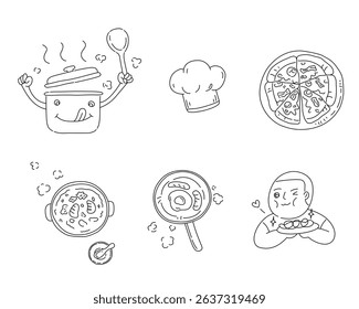 Hand drawn vector set of funny cartoon character pot cooking pan pizza and foods.