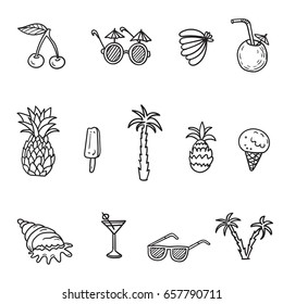Hand drawn vector set with funny summer illustrations. Contour and line art style drawing. Could be used for site, book page, print, poster, card and textile. 