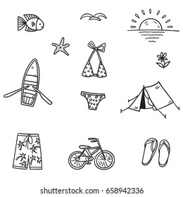 Hand drawn vector set with funny summer illustrations. Contour and line art style drawing. Could be used for site, book page, print, poster, and textile. 