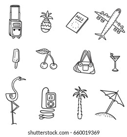 Hand drawn vector set  with funny summer illustrations. Contour and line art style drawing. Could be used for site, book page, print, poster, and textile. 