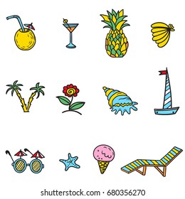 Hand drawn vector set  with funny summer illustrations. Color and line art style drawing. Could be used for site, book page, print, poster, and textile
