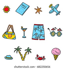 Hand drawn vector set  with funny summer illustrations. Color and line art style drawing. Could be used for site, book page, print, poster, and textile

