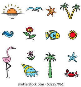 Hand drawn vector set  with funny summer illustrations. Color and line art style drawing. Could be used for site, book page, print, poster, and textile. 