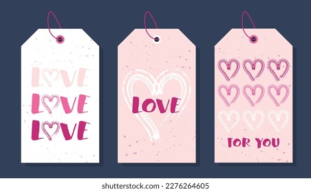 Hand drawn vector set of gift tags with hearts. Love and romantic tags isolated on dark background. Romantic labels for decorative design. Template for holidays and wedding designs.