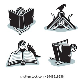 Hand drawn vector set, girl reading book