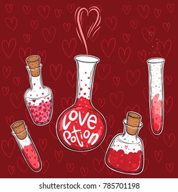 Hand drawn vector set of glass bottles filled with love elixir