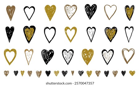 Hand drawn vector set with gold and black doodle heart shapes, textured hearts for backgrounds, graphic, packaging and product design