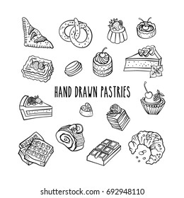 Hand drawn vector set of goodies, sweets, cakes and pastries. Design elements in sketch style for confectionery and bakery shops. Perfect for menu, cards, blogs, banners, flyers