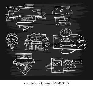 Hand drawn vector Set of graphic lined car logo elements,emblems and icons.Design for Service car repair,car sale,car service and car club design elements.Car icons set isolated on black