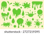 Hand drawn vector set with green slime drips, drops and splashes. Simple flat style with smooth organic shapes. Perfect for Halloween designs, toxic elements, spooky graphics and cartoon decorations.
