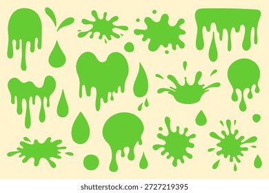 Conjunto de Vector dibujado a mano con gotas, gotas y salpicaduras de baba verde. Estilo plano simple con Formas orgánicas suaves. Perfecto para diseños de Halloween, Elementos tóxicos, gráficos espeluznantes y decoraciones de dibujos animados.