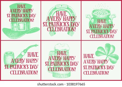 Hand drawn vector set of greeting cards for St. Patrick s Day. Greeting card with leprechaun hat, beer mug, horseshoe, pot with gold coins, glass, clover. Irish retro illustrations.
