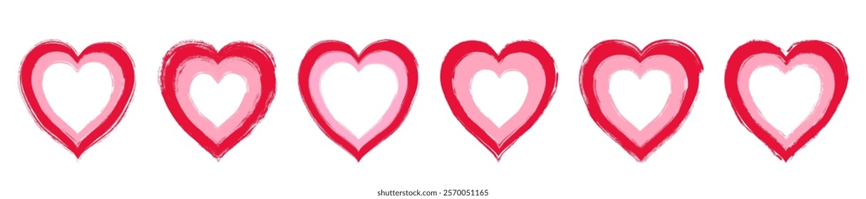 Hand drawn vector set with grunge heart shaped frames, cute red and pink brush borders for Valentine's Day and Mother's Day designs