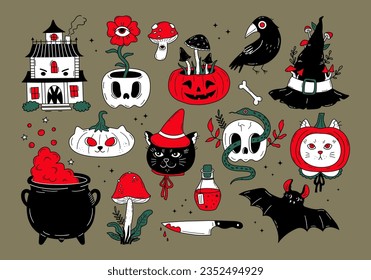 Hand drawn vector set of hallowen witch elements. Haunted house, pumpkins, mushrooms, skull, bat, cauldron, cat drawings. Psychedelic trippy art collection. Cartoon horror design