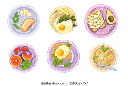 Hand drawn vector set of healthy breakfast and brunch dishes. Plates with sandwiches, fried eggs, fruit, pasta, avocado and grapefruit. Collection of design elements for kitchens, restaurants, menus.