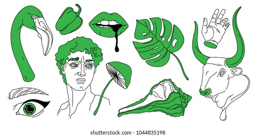 
Hand drawn vector set of hipster classical sculpture, 
flamingo, mushroom, monster leaf, shell and other modern things. Design illustrations for poster, print and clothes