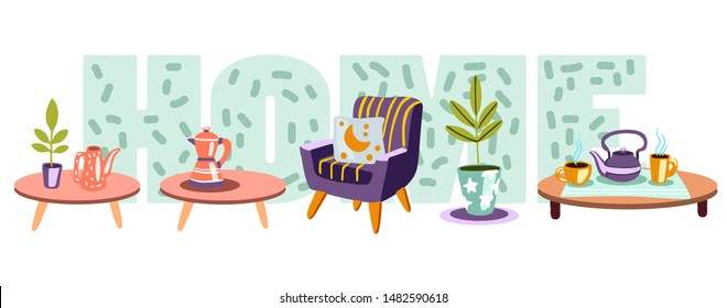 Hand drawn vector set of home furniture in flat Scandinavian style isolated on white background. Coffee and tea tables, armchair with pillow, plants, teapot with cups. In pastel soft colors.