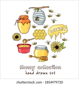 Hand drawn vector set with honey elements. Bee, honey, bee house, flowers, honeycomb. Honey healthy food production.