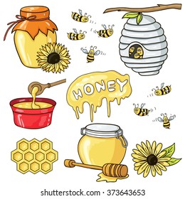 Hand drawn vector set with honey elements. Bee, honey, bee house, flowers, honeycomb. Honey healthy food production.