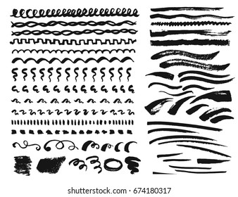 Hand drawn vector set of horizontal lines, strokes, and smears. Isolated sketch elements collection for brushes and decoration. 