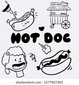 Hand drawn vector set with hot dog, character, food truck, lettering with black line in doodle style, logo for hot dog shop, sausage branding, cafe