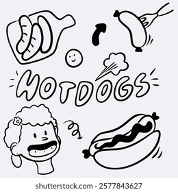 Hand drawn vector set with hot dog, character, cutting board with sausages, black line lettering in doodle style, logo for hot dog shop, sausage branding, cafe, restaurant 