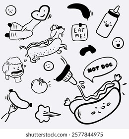 Hand drawn vector set with hot dog, character, cutting board with sausages, hand with hot dog, tomato, sauce, sticker, dachshund and lettering with black line in doodle style, logo for hot dog shop, s