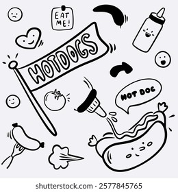 Hand drawn vector set with hot dog, flag, cutting board with sausages, hand with hot dog, tomato, sauce, sticker and lettering with black line in doodle style, logo for hot dog shop, sausage branding,