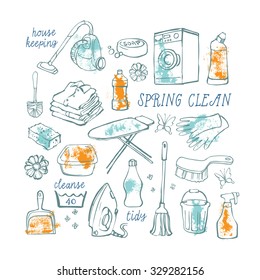 Hand drawn vector set of household cleaning icons