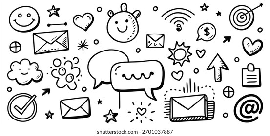 Conjunto de Vectores dibujados a mano ilustración de símbolos de números de alfabeto flechas y Elementos de comunicación para el diseño de Internet de correo Web