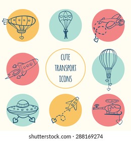 Hand drawn vector set of icons with airplane, balloon, rocket, helicopter, parachutist, dirigible, ufo and cartoon hearts. Wallpaper for children's room, greeting card, wrapping paper, background.