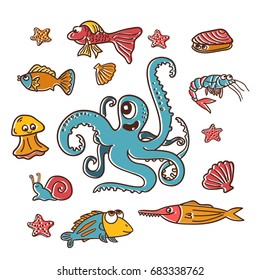 Hand drawn vector set of icons  with fish, octopus, jellyfish, shrimp and other sea creatures. Underwater world, ocean animals contour, hand  drawn - for print, book illustration, web design.
