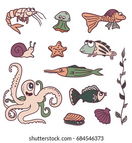 Hand drawn vector set of icons  with fish, octopus, jellyfish, shrimp and other sea creatures. Underwater world, ocean animals contour line art style drawing - for print, poster, book illustration.
