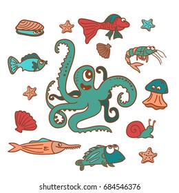 Hand drawn vector set of icons  with fish, octopus, jellyfish, shrimp and other sea creatures. Underwater world, ocean animals contour line art style drawing - for print, poster, book illustration.