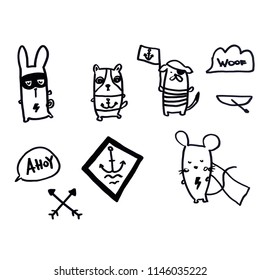 Hand drawn vector set. Illustration of super heros and sea, marine ellements.
