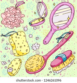 Hand drawn vector set of illustrations with bath and spa sponges, loofah, brushes and mirrors. Colorful illustration for banners, posters, leaflets and ads, Cute and retro style, cartoon