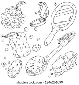 Hand drawn vector set of illustrations with bath and spa sponges, loofah, brushes and mirrors. Line art illustration on white for banners, posters, leaflets and ads, Cute and retro style, cartoon