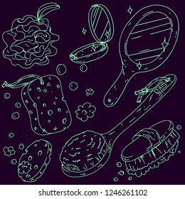 Hand drawn vector set of illustrations with bath and spa sponges, loofah, brushes and mirrors. Colorful inverted line art illustration for banners, posters, leaflets and ads, Cute style, cartoon