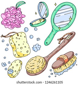 Hand drawn vector set of illustrations with bath and spa sponges, loofah, brushes and mirrors. Colorful illustration for banners, posters, leaflets and ads, Cute and retro style, cartoon